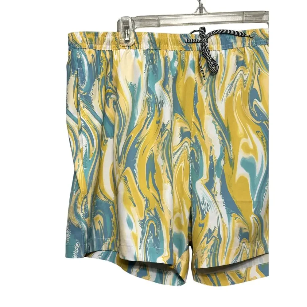 Open Edit Men's Yellow/Blue Swirl Recycled Volley Swim Trunks XL NWT